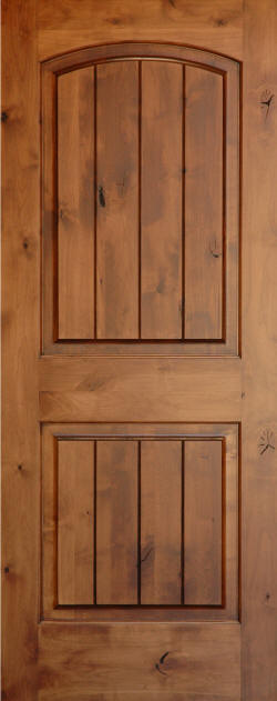 Knotty Alder Arch-Top 2-Panel Door with V-Grooves in Candlelight Finish